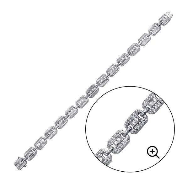 Sterling Silver 925 Rhodium Plated CZ Square Link Bracelet 8.8mm